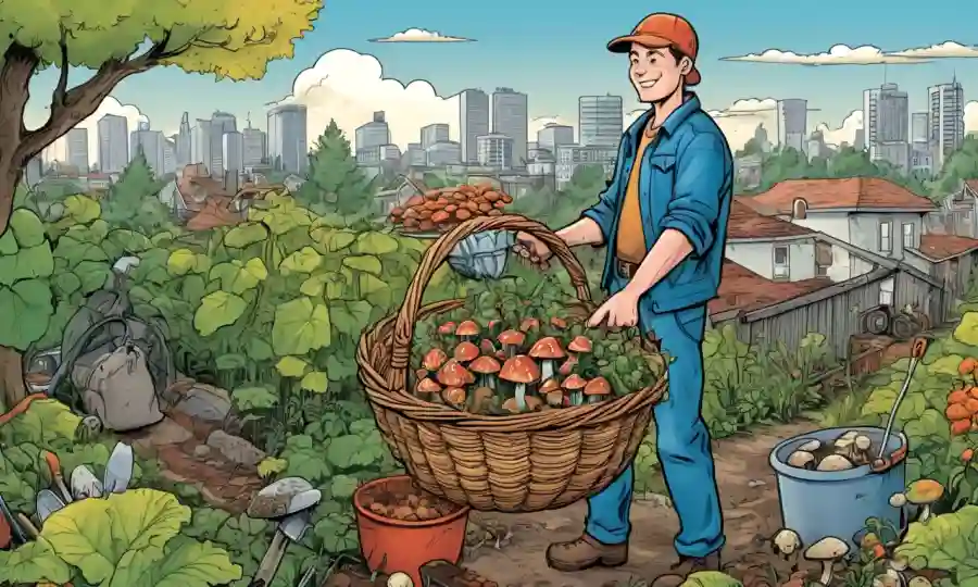 Persona sosteniendo una canasta de hongos recién escogidos en medio de paisaje urbano y herramientas de jardinería.