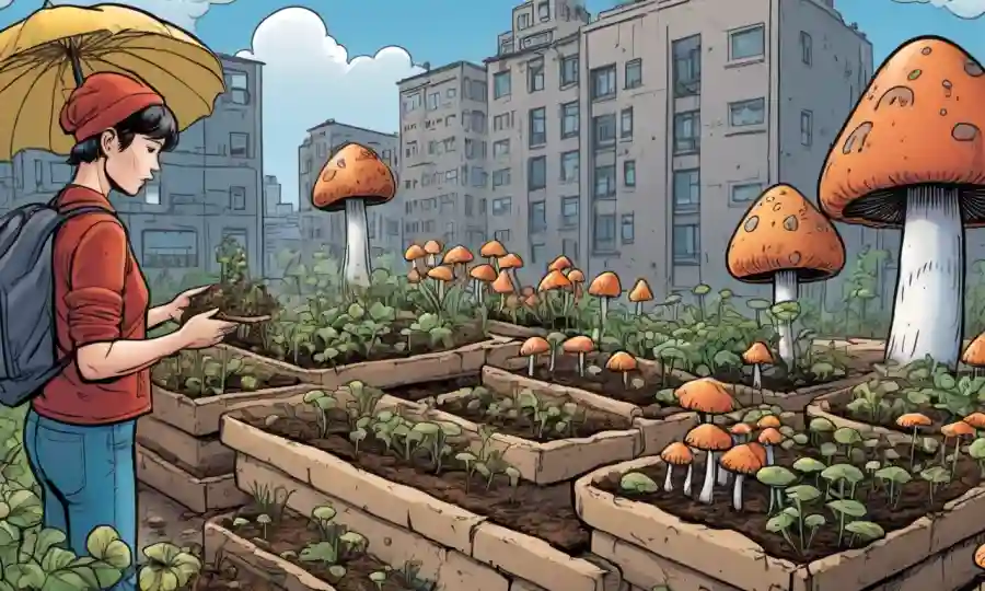 Una persona que tiende a un pequeño jardín de hongos en un entorno urbano.