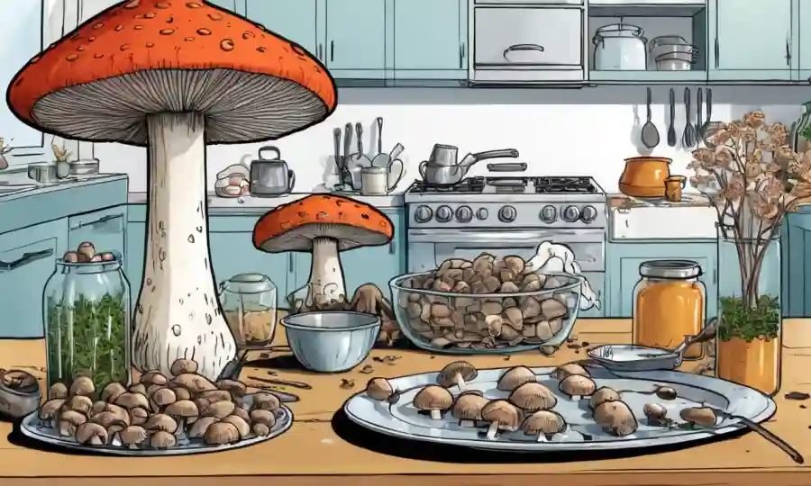 Guía de cultivo de hongos gourmet en una mesa de cocina, con hongos y utensilios.