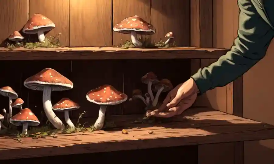 Una persona manejando suavemente hongos en un estante de madera en un cuarto cálido y iluminado.