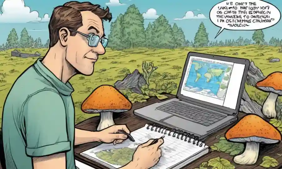 Alguien examinando hongos y datos relacionados con el clima en un cuaderno o computadora.