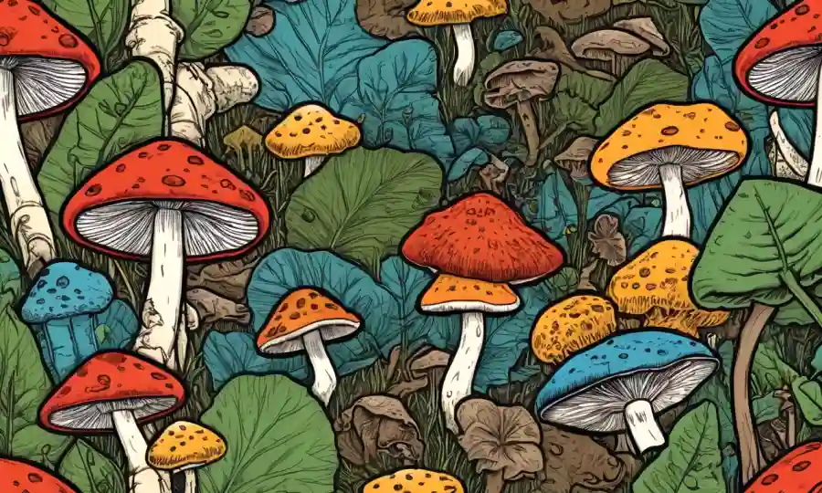 Un fondo lleno de hongos con flechas que apuntan a diferentes tipos de hongos e ilustraciones de sus diversos usos.