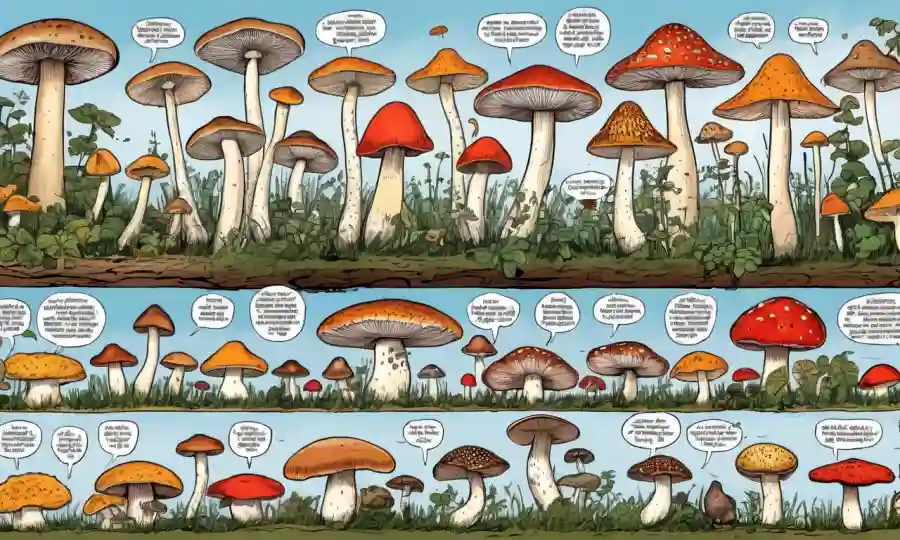Una variedad de especies de hongos en exhibición con etiquetas descriptivas y leyendas sobre sus características.