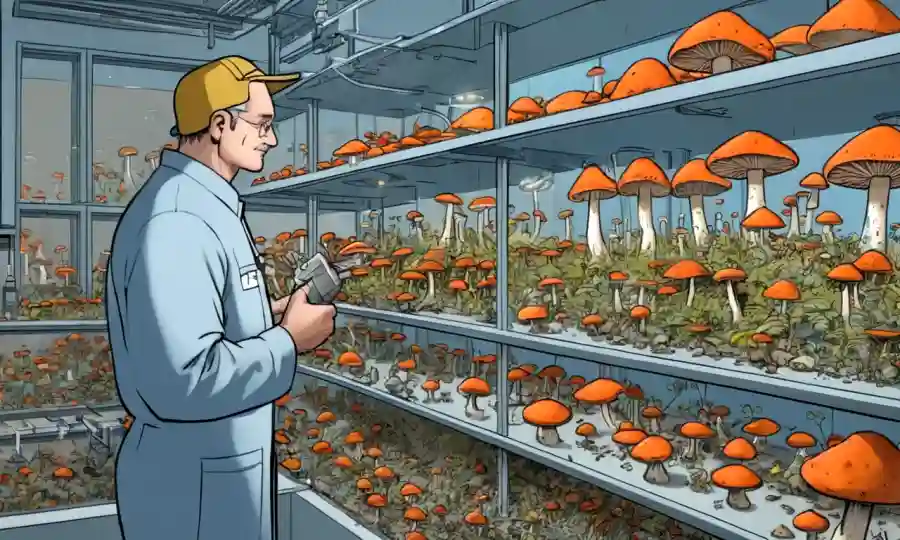 Un experto en hongos que inspecciona varias especies hongos en un laboratorio ambiental controlado.