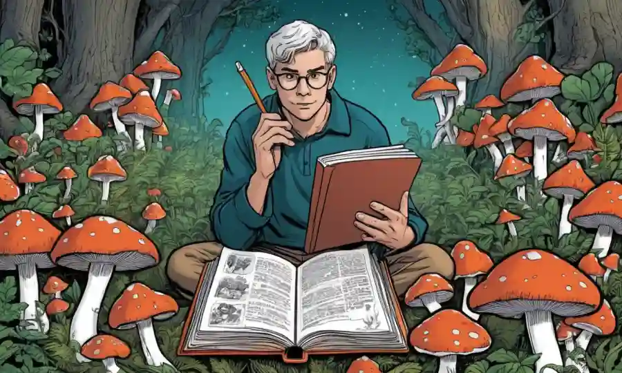Persona rodeada de hongos, con una revista y contemplando objetivos y necesidades.