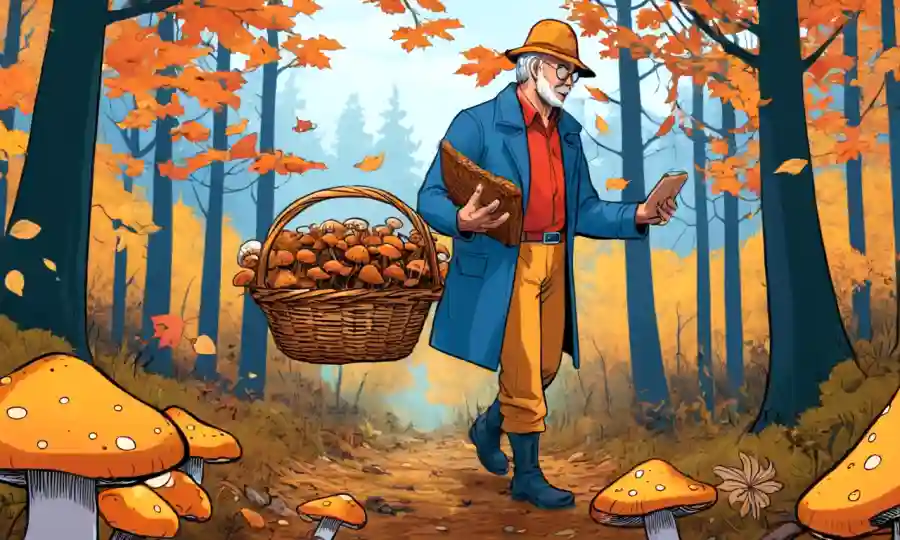 Persona sosteniendo una canasta y examinando setas en el bosque entre los colores de otoño.