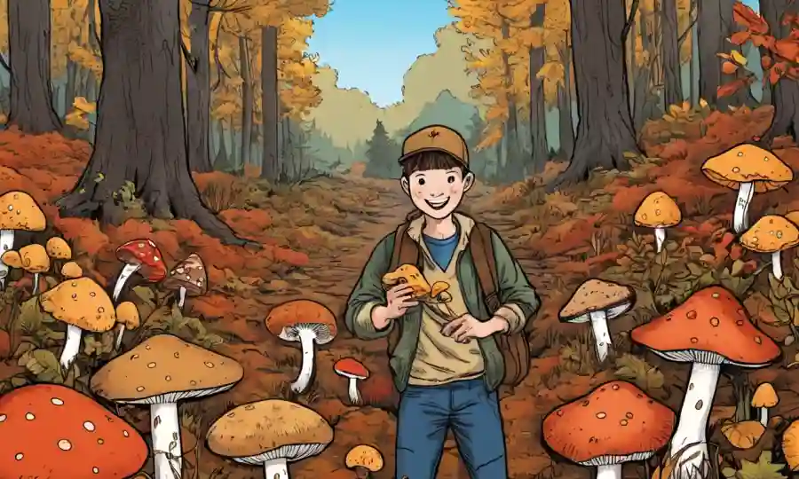 Una persona con diferentes tipos de hongos en un paisaje forestal con follaje de otoño.