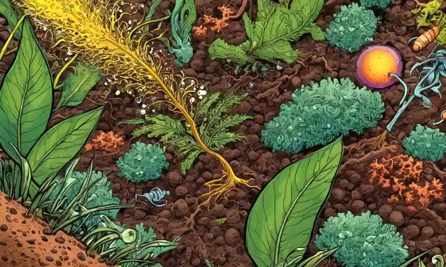 Organismos microscópicos interactuando con plantas en suelo, destacando relaciones simbióticas.