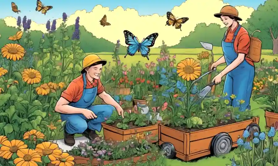 Jardineros que tienden a plantas entre flores y verduras