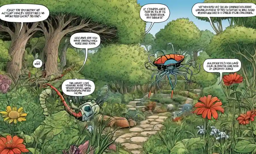 Ilustraciones de diferentes relaciones simbióticas en un jardín con texto y leyendas acompañantes.