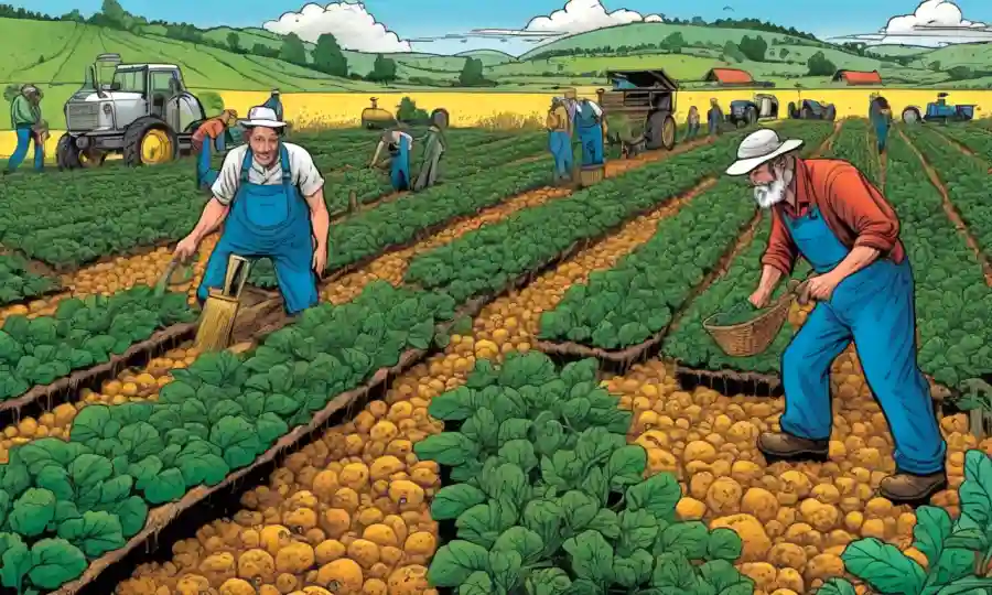 Los agricultores que examinan cultivos saludables rodeados de redes fúngicas y microorganismos beneficiosos.