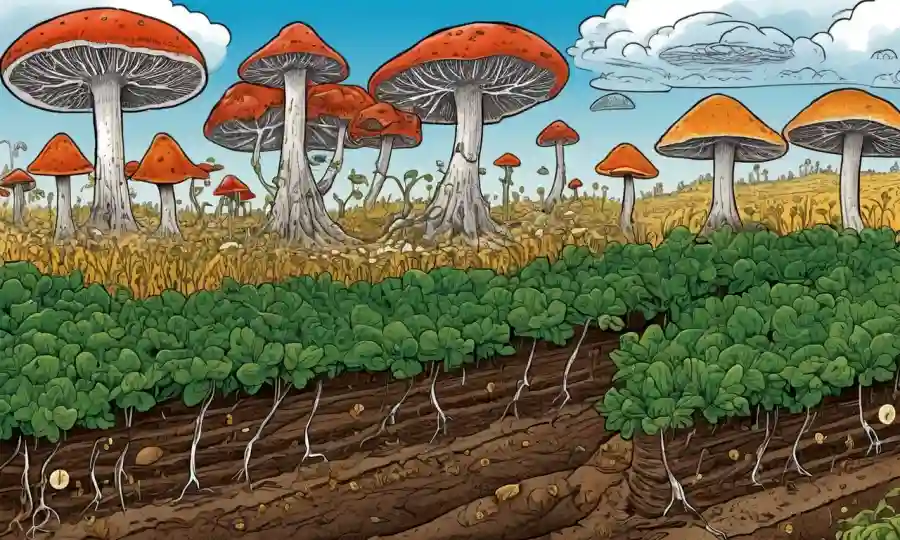 Illastración o diagrama que muestra la relación simbiótica entre hongos y cultivos, destacando la importancia de las redes micorrizales en la agricultura.