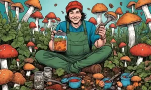 Una persona rodeada de gorros de hongos y herramientas de jardinería