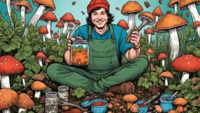 Una persona rodeada de gorros de hongos y herramientas de jardinería