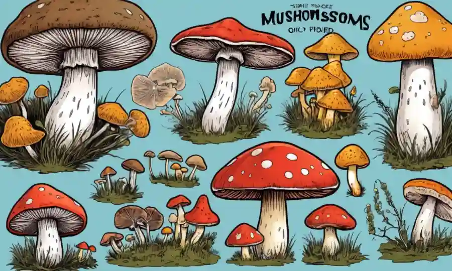 Una imagen de estilo guía de campo que muestra imágenes de varios hongos comestibles y venenosos con símbolos de advertencia.