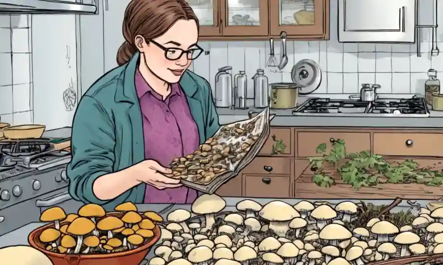 Una persona que maneja hongos comestibles frescos en una cocina mientras consulta una guía.
