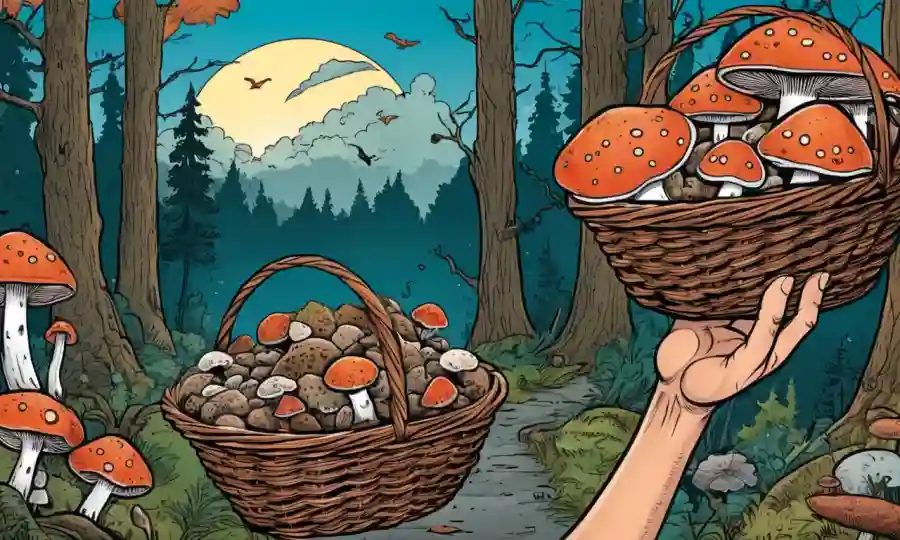 Una mano que sostiene una cesta con varios hongos rodeados de un fondo de bosque y señales de advertencia.
