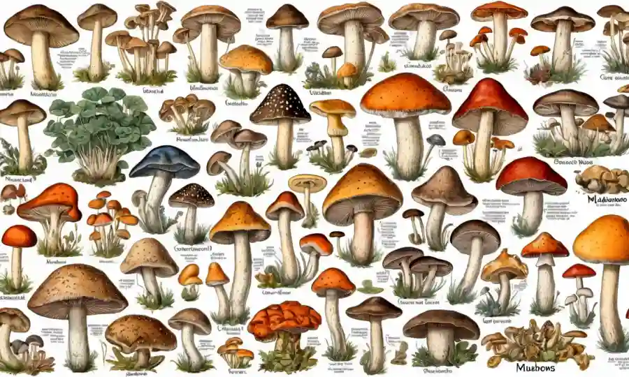 Un montaje fotográfico de varios hongos comestibles con etiquetas destacando características.