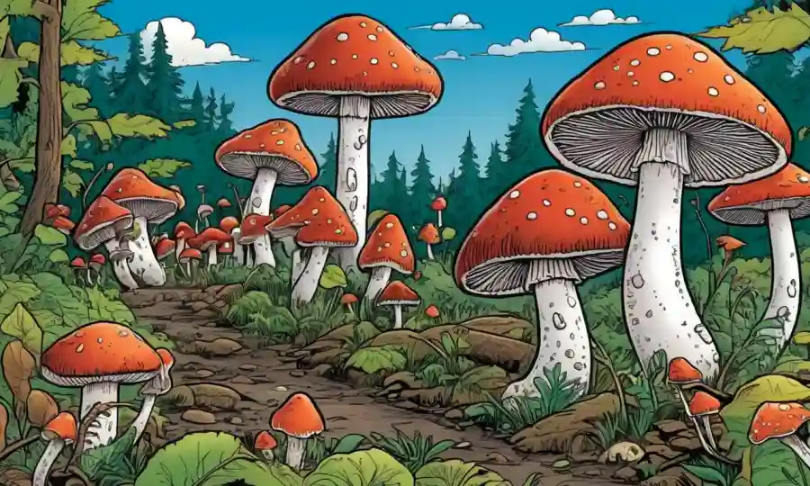 Ilustraciones de diversos hongos y prácticas de selección sostenibles en entornos naturales.