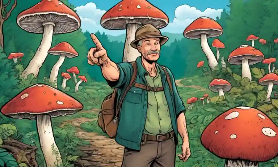 Un experto en hongos señalando a varias especies en la naturaleza con señales de advertencia.