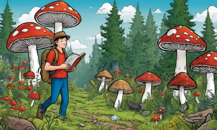 Una persona en un bosque o prado sosteniendo una guía, rodeada de varios hongos.