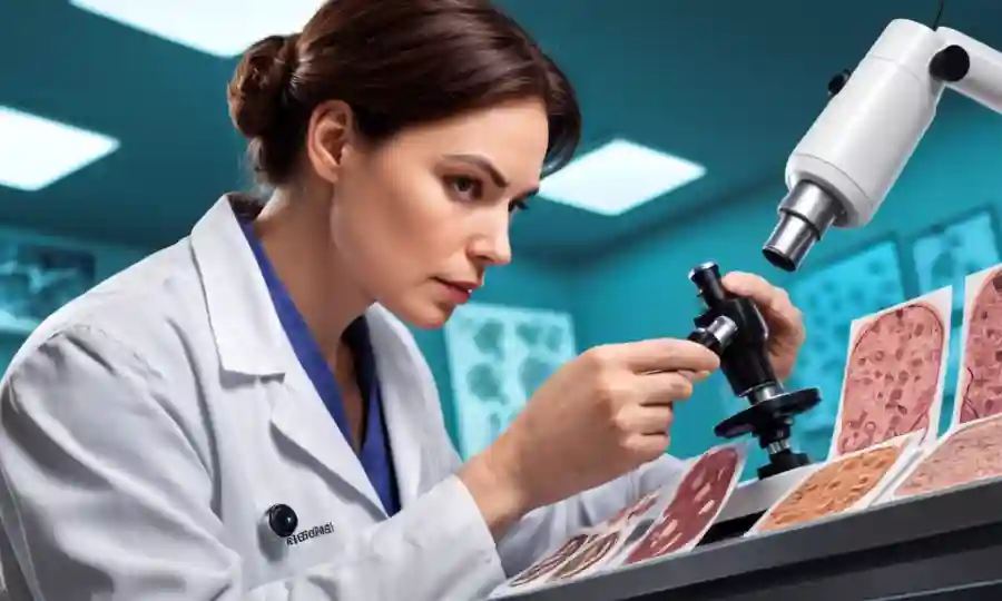 Un profesional sanitario que examina muestras de piel bajo un microscopio con ilustraciones de hongos en el fondo.