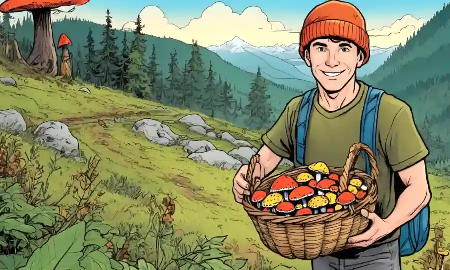 Un forager amateur que sostiene una canasta de hongos silvestres coloridos contra un fondo natural.