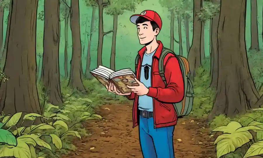 Persona con guía de forraje de hongos en medio de un entorno forestal.