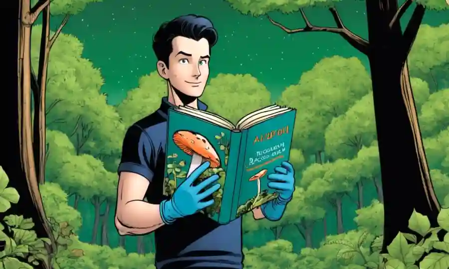 Persona usando guantes y sosteniendo un libro de hongos contra un frondoso fondo forestal.