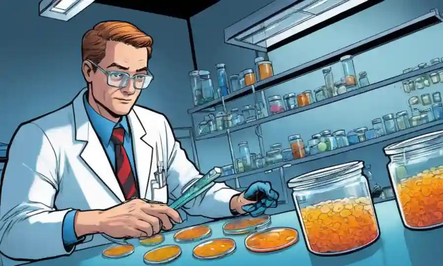 Científico de laboratorio que examina los platos petri que contienen culturas hongos.