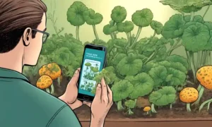Una persona inspeccionando plantas con crecimientos fúngicos junto con consejos de prevención en un smartphone.