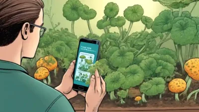 Una persona inspeccionando plantas con crecimientos fúngicos junto con consejos de prevención en un smartphone.