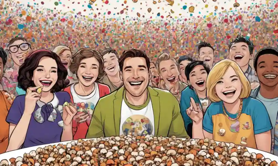 Gente sonriendo en forma de hongos con confeti y diapositivas de presentación en pantallas.