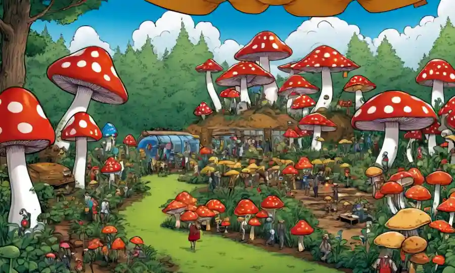 Varios tipos de hongos en exhibición con organizadores de eventos en un animado escenario de festivales.