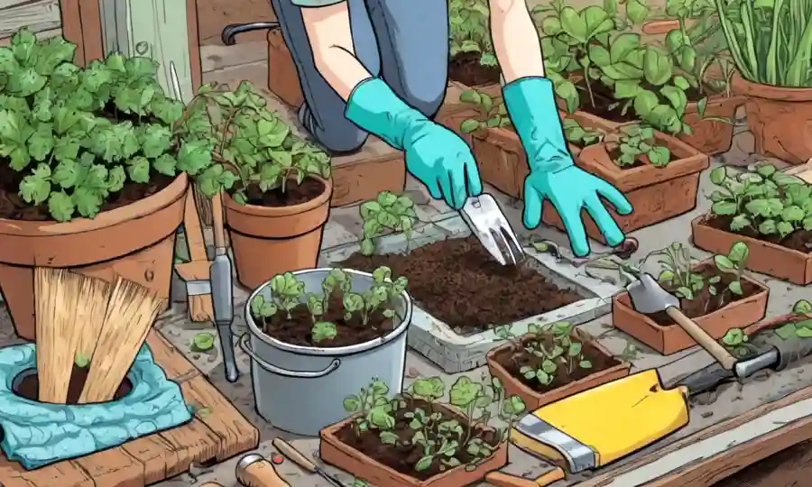 Manos guantes preparando sustrato fúngico en medio de diversas herramientas y equipos de jardinería.