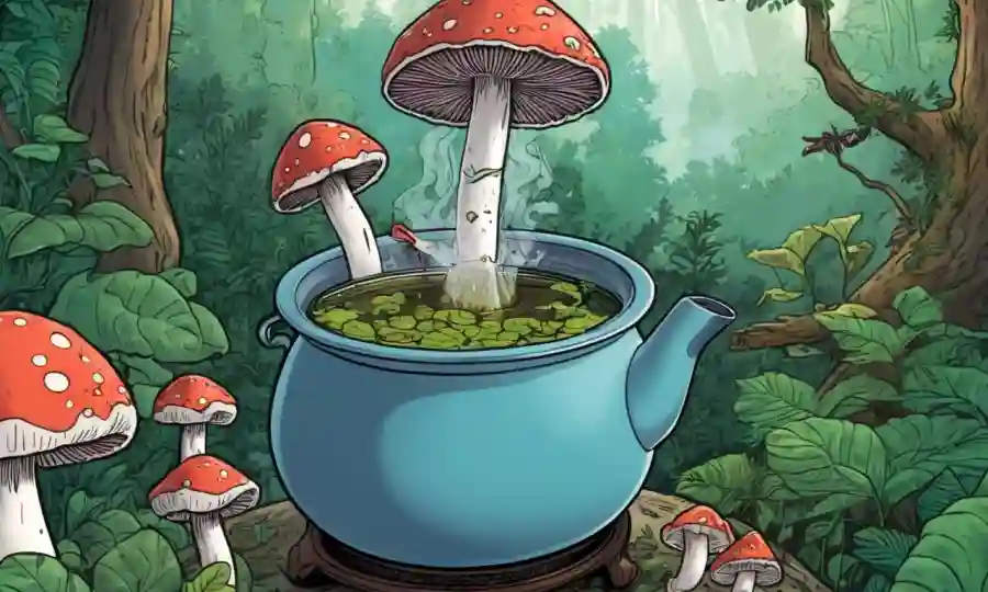 Persona que elabora té de hongos en una olla, rodeado de exuberante vegetación y setas medicinales.