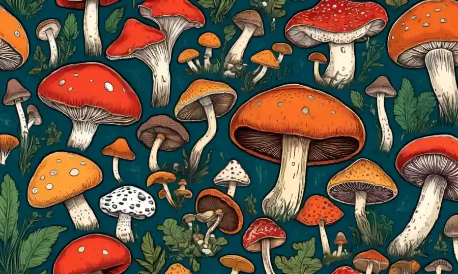 Una ilustración colorida de varios hongos con etiquetas destacando sus propiedades medicinales.