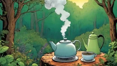 Una persona rodeada de ingredientes herbarios y una tetera de vapor en un fondo forestal.