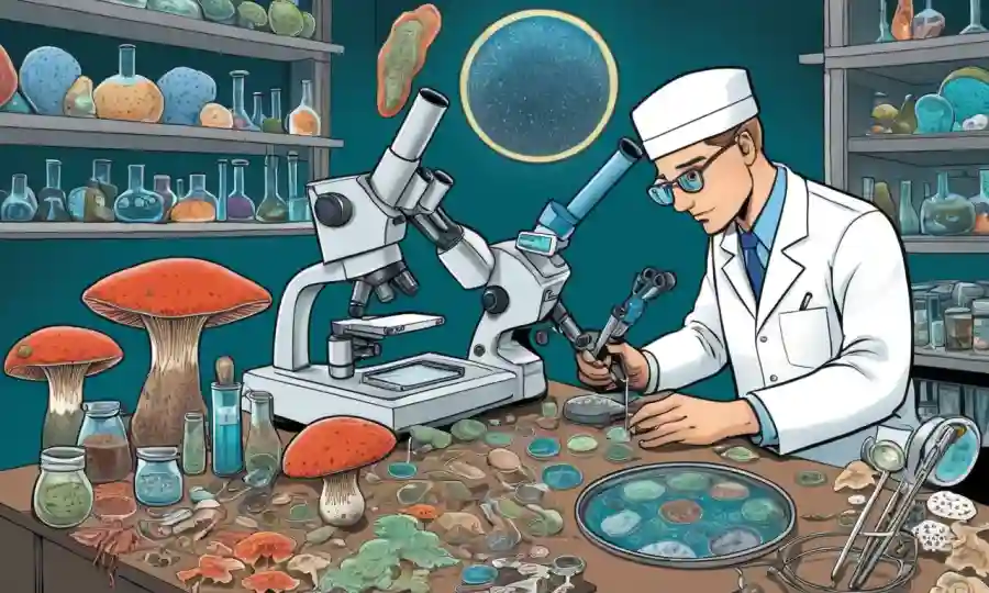Una persona que examina varios tipos de hongos bajo un microscopio, con platos petri y otros equipos científicos cercanos.