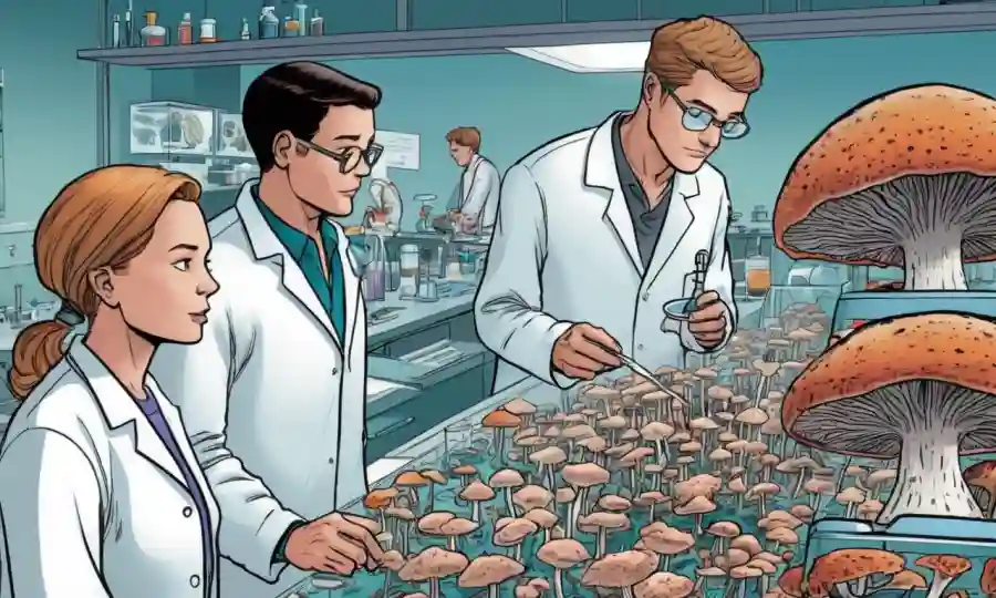 Un grupo de personas mirando muestras de hongos en un laboratorio.