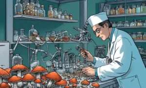Una persona que examina setas en un laboratorio con diversos equipos médicos.
