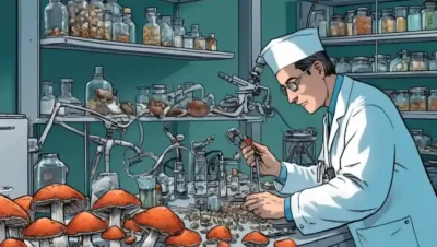 Una persona que examina setas en un laboratorio con diversos equipos médicos.