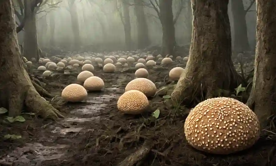 Fungi creciendo en bolas de arpillera en un ambiente húmedo y sombreado.