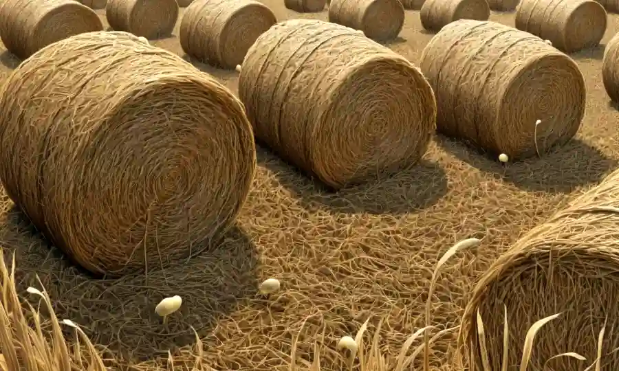 Crecimiento fúngico que rodea las balas de heno con tendriles de micelium.