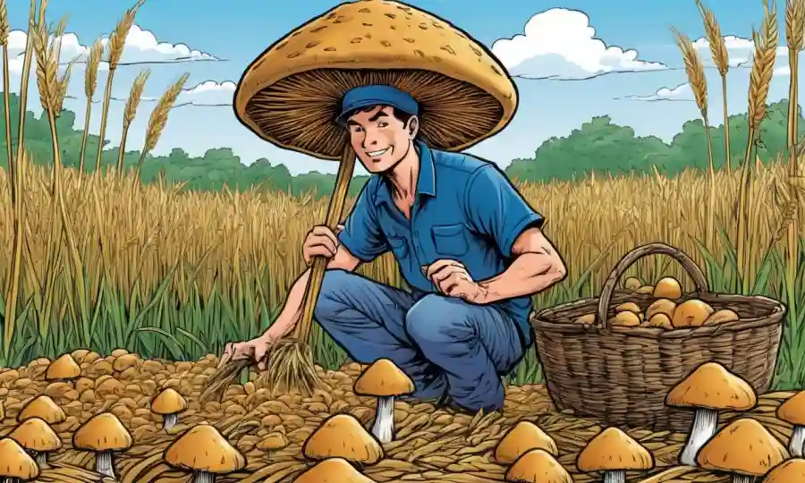 Alguien cosechando hongos de un exitoso sitio de cultivo de pajita.