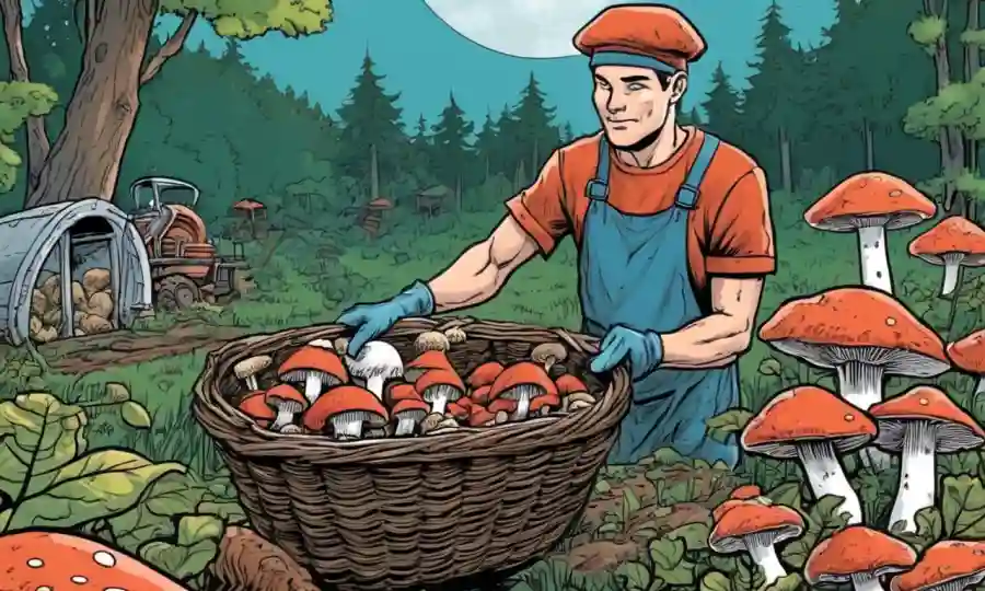 Una persona que llevaba guantes sosteniendo una cesta de setas frescas en medio del equipo de cultivo de setas.