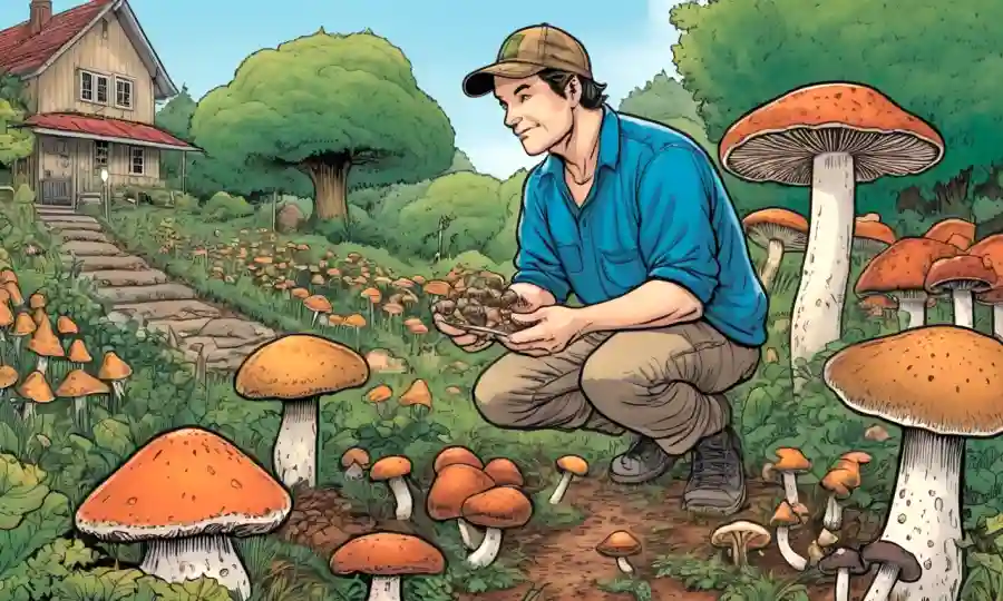 Una persona que examina varios tipos de hongos cultivados en un jardín cultivado.