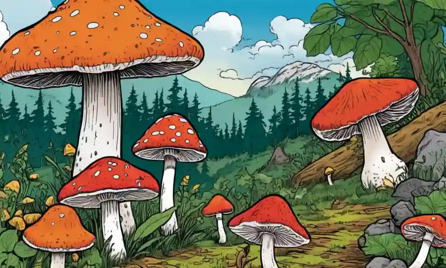 ilustraciones coloridas e información sobre diversos hongos comestibles.