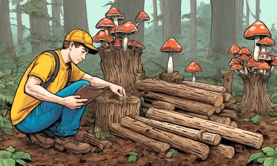 Una persona que organiza troncos de madera en un kit de cultivo de hongos con una guía cercana.