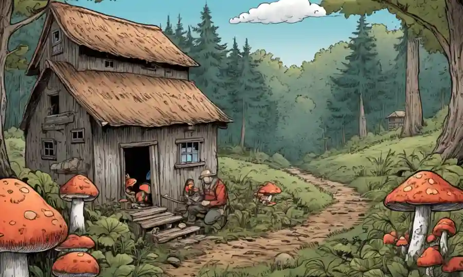 Ilustraciones y pasos de métodos de cultivo de hongos en un entorno rústico.
